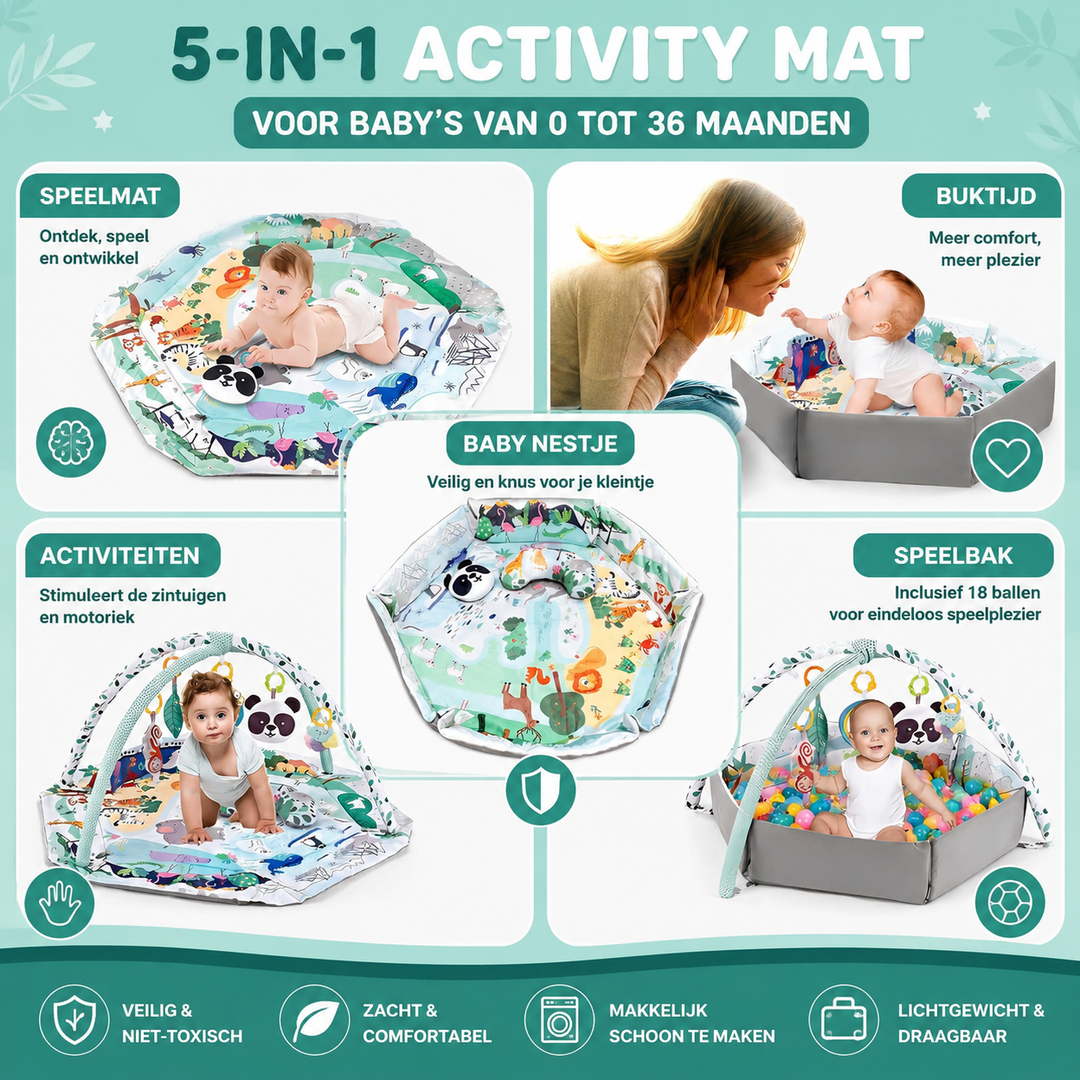 8-in-1 Baby Gym & Ballenbak | Wasbaar Speelkleed met Speeltjes