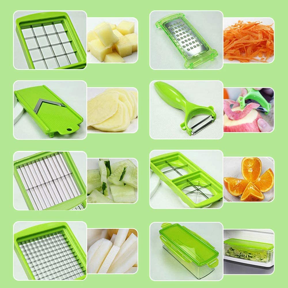 Complete 12-in-1 groentesnijder set met snijbladen en opvangbak, essentieel voor moderne keukenapparatuur.