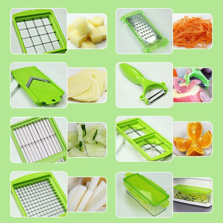 Complete 12-in-1 groentesnijder set met snijbladen en opvangbak, essentieel voor moderne keukenapparatuur.