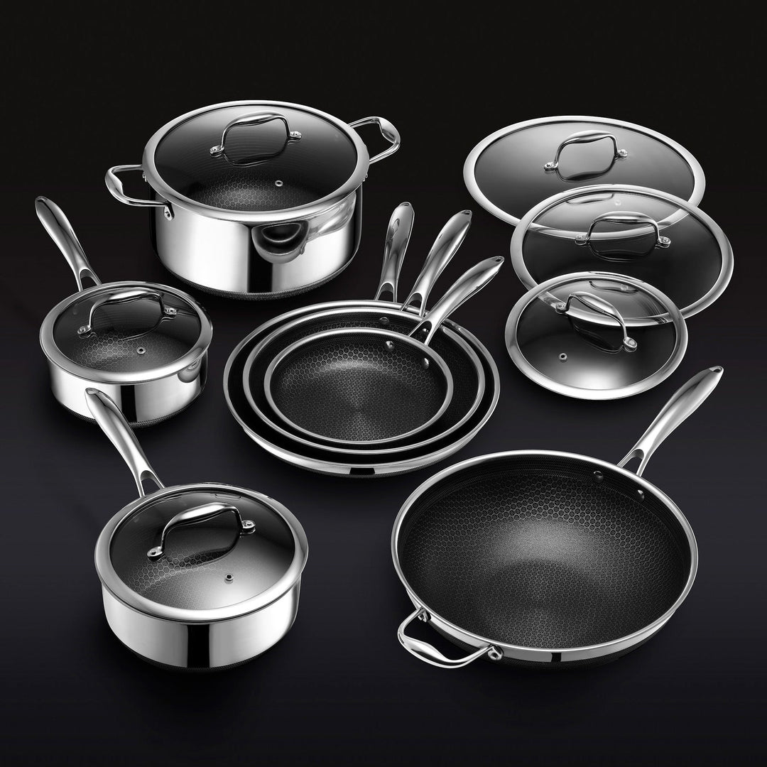 "13-delige hybride kookset met non-stick, roestvrij staal en gietijzer, inclusief diverse pannen en potten voor elke maaltijd