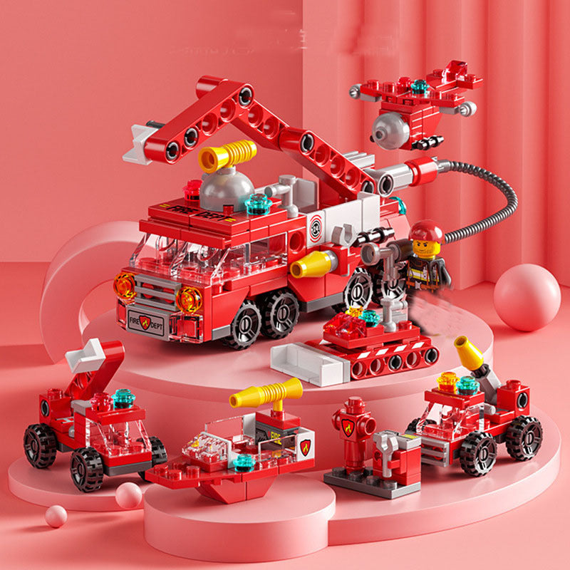 142-delige brandweer bouwset voor kinderen, rood model in plastic, educatief speelgoed met brandweerwagen onderdelen.