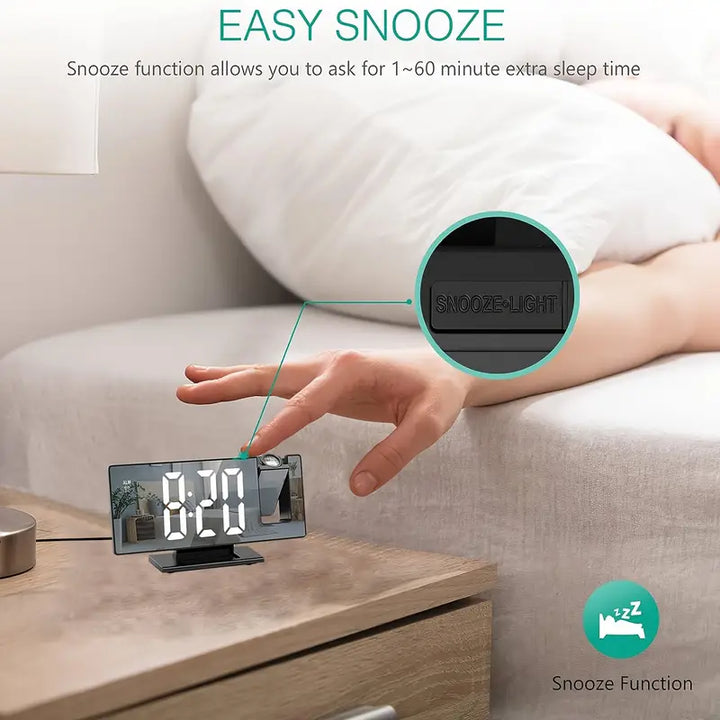 "180° LED projectiewekker met spiegelontwerp, snooze en temperatuurweergave. Compact, modern en ideaal voor slaapkamer."