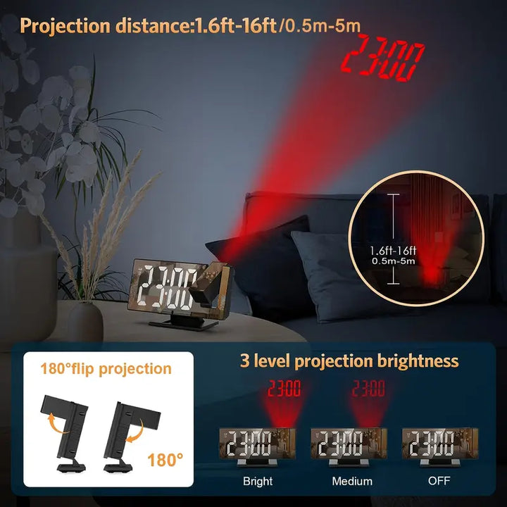 "180° LED projectiewekker met spiegelontwerp, snooze en temperatuurweergave. Compact, modern en ideaal voor slaapkamer."