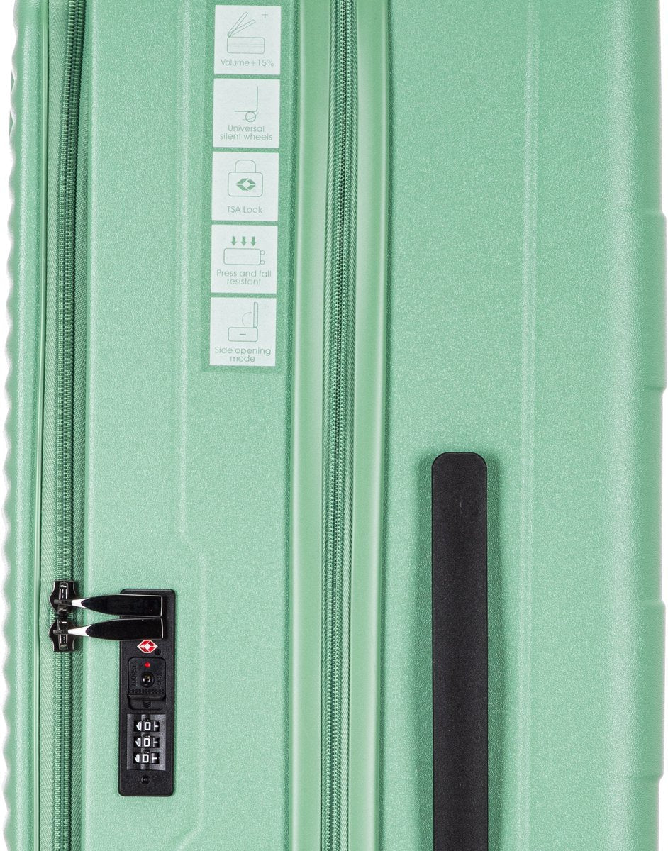 Veilige harde 2-delige kofferset met geïntegreerd laptopvak, 360° wielen en TSA slot voor slim reizen.