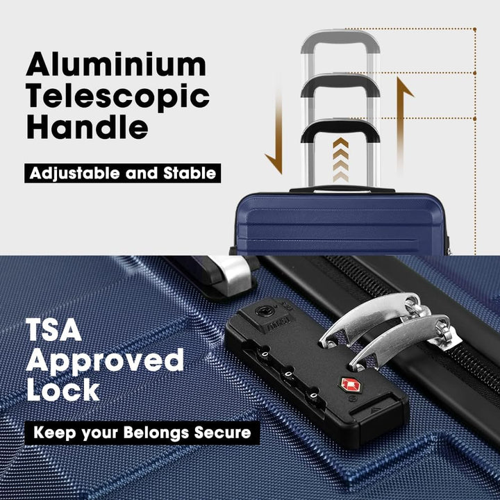 Moderne hardshell bagageset (3 stuks) met TSA-slot, 360° draaiende wielen en compact design.