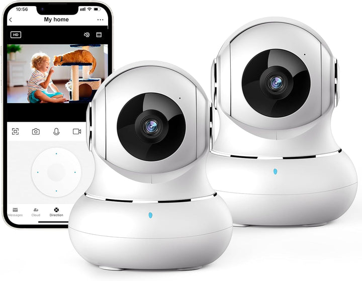"360° nachtzicht babyfoon camera met tweerichting audio, compact design voor in de babykamer."