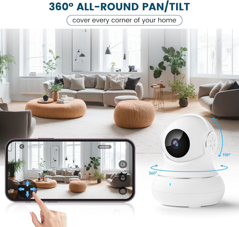 "360° nachtzicht babyfoon camera met tweerichting audio, compact design voor in de babykamer."