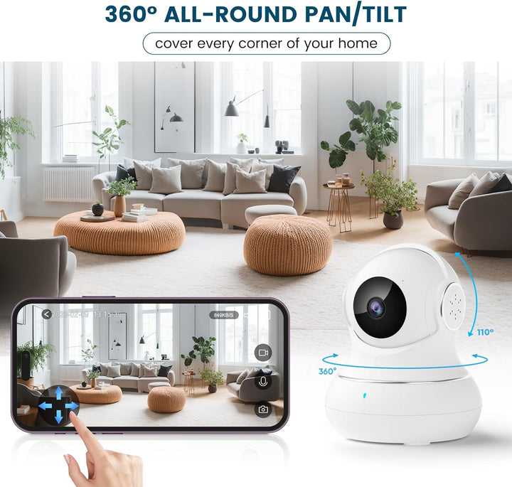 "360° nachtzicht babyfoon camera met tweerichting audio, compact design voor in de babykamer."