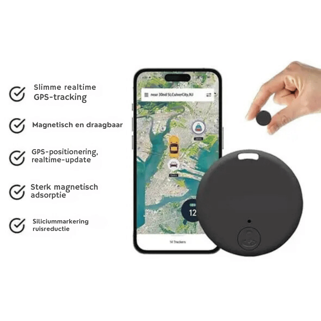 Compacte mini GPS tracker, ideaal als sleutelzoeker of locatie tracker, met slank design voor discrete beveiliging.
