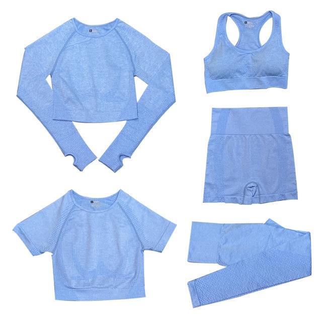 "5-delige dames sportset, met trendy top en hoge taille legging, perfect voor stijl en comfort tijdens elke activiteit."