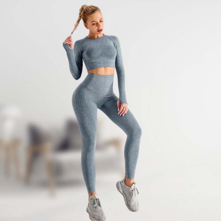 "5-delige dames sportset, met trendy top en hoge taille legging, perfect voor stijl en comfort tijdens elke activiteit."