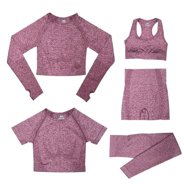 "5-delige dames sportset, met trendy top en hoge taille legging, perfect voor stijl en comfort tijdens elke activiteit."