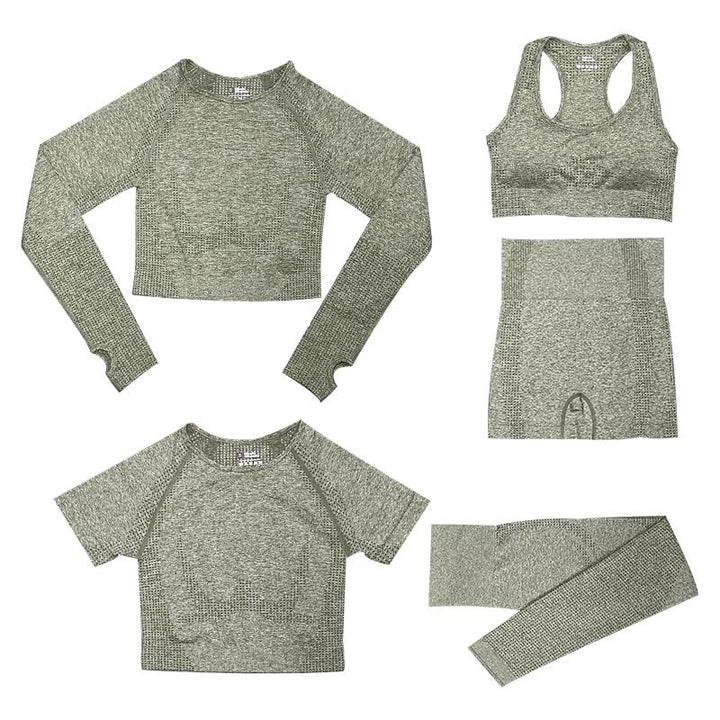 "5-delige dames sportset, met trendy top en hoge taille legging, perfect voor stijl en comfort tijdens elke activiteit."