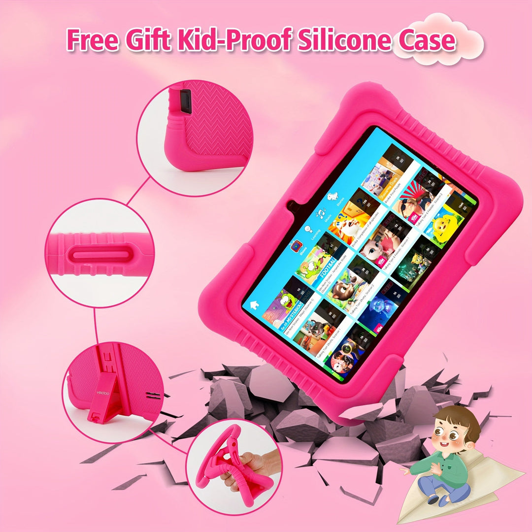 "7 inch kindertablet met oogbescherming, kleurrijk scherm en oudercontrole, ideaal voor kinderen, in siliconen hoes."