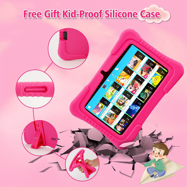 "7 inch kindertablet met oogbescherming, kleurrijk scherm en oudercontrole, ideaal voor kinderen, in siliconen hoes."