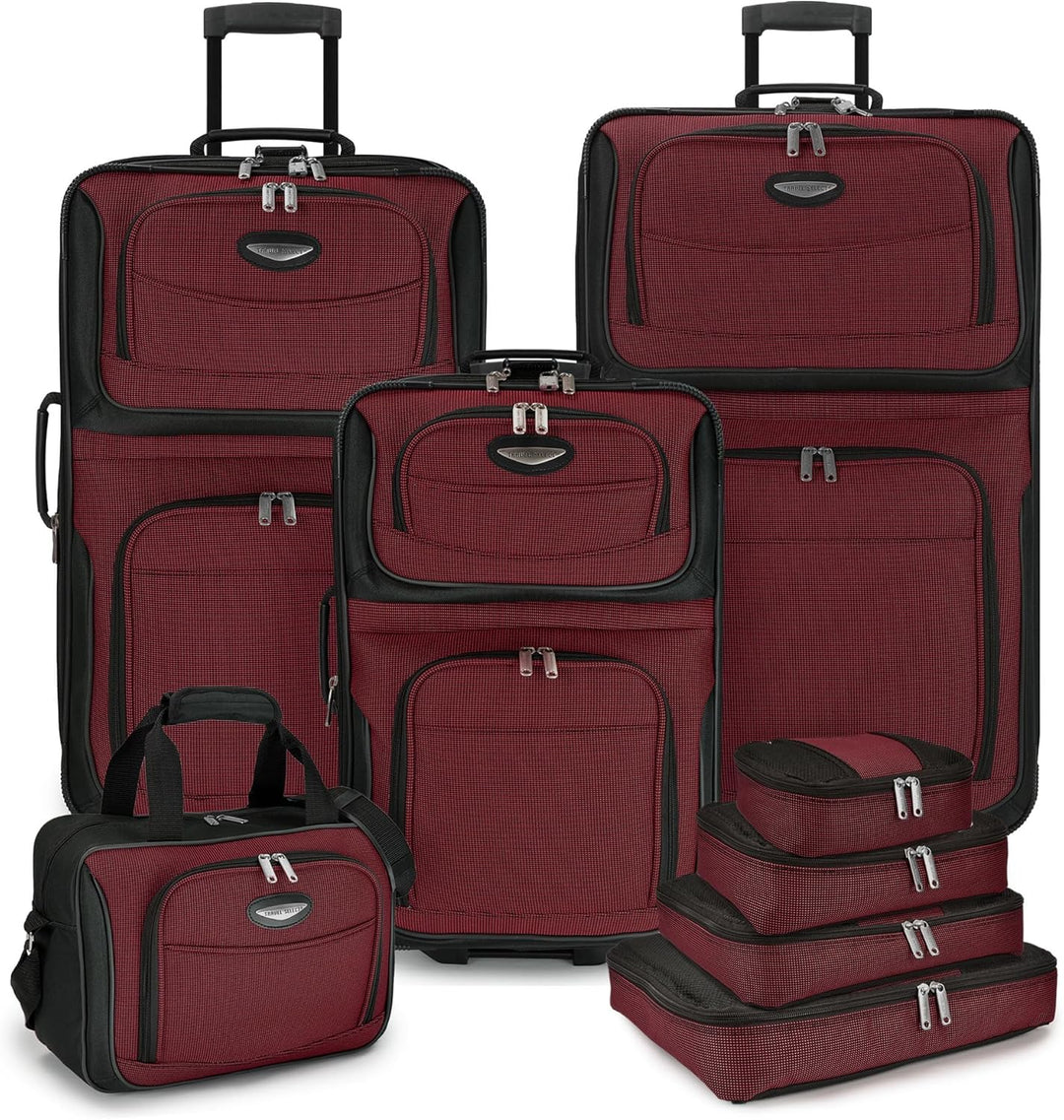 Duurzame softshell koffers met soepele wielen, onderdeel van de 8-delige bagageset. Voor lange reizen.