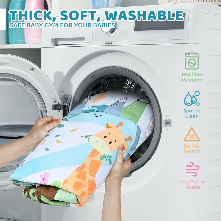 8-in-1 baby gym speelkleed, wasbaar, met kleurrijke speeltjes en ballenbak. Stimuleert zintuigen en eenvoudig te reinigen.