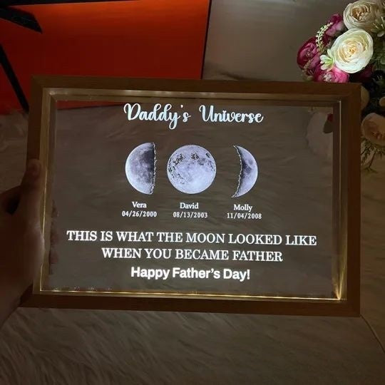 Vaderdag Cadeau Houten Fotolijst – Maanlamp Ornament voor Huisdecoratie