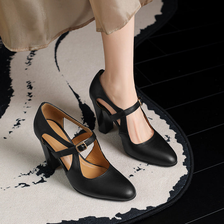 Damesschoenen T-sluiting Brede Hak - Klassiek Chic