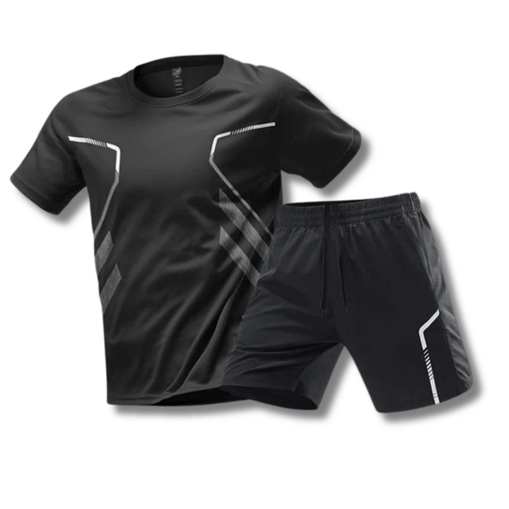 "Ademend heren sportset: lichtgewicht shirt en korte broek, sneldrogend en elastisch voor intensieve workouts."