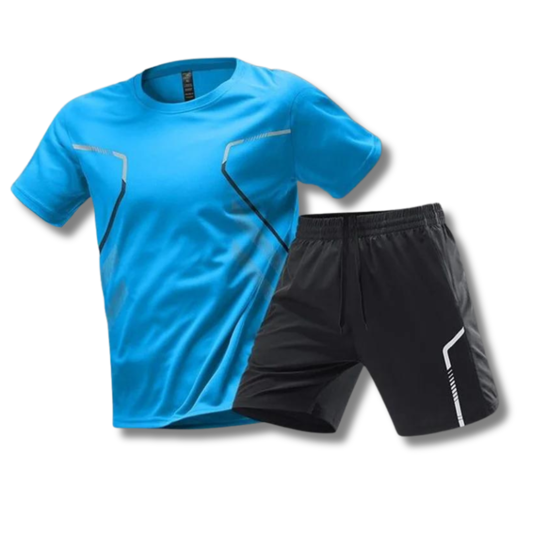 "Ademend heren sportset: lichtgewicht shirt en korte broek, sneldrogend en elastisch voor intensieve workouts."