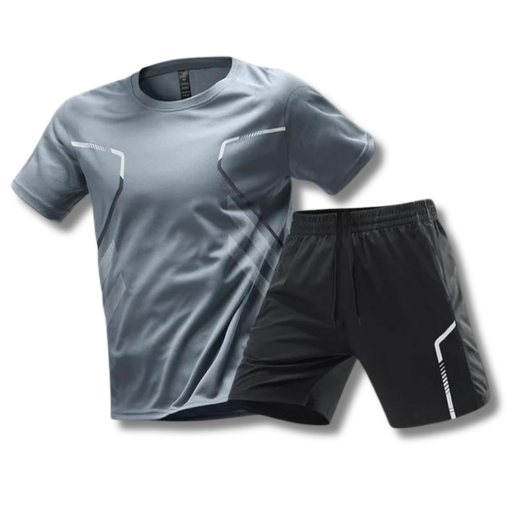 "Ademend heren sportset: lichtgewicht shirt en korte broek, sneldrogend en elastisch voor intensieve workouts."