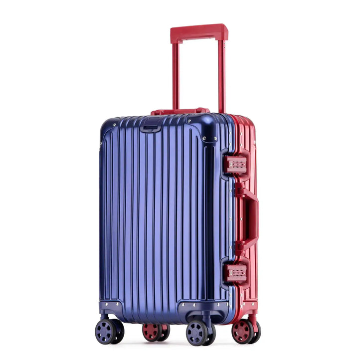 Krasbestendige aluminium reiskoffer met soepele spinnerwielen en veilig TSA-slot.