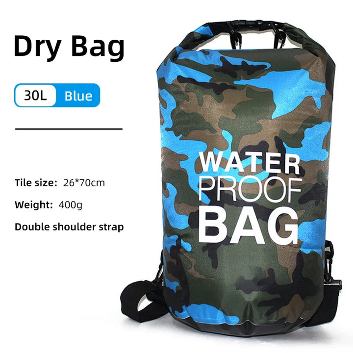 Waterdichte rugzak met roll-top sluiting en nat-/droogscheiding, perfect voor kamperen en reizen.