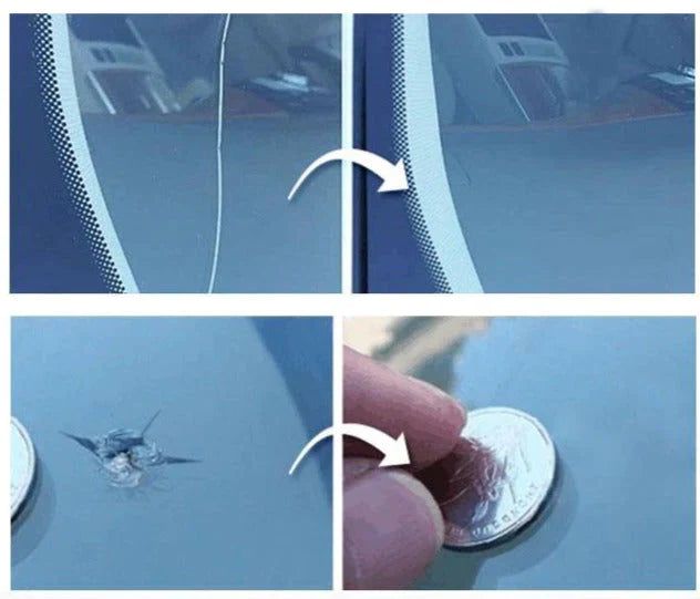 Inhoud van de autoruit glasreparatie set: hars, injectoren, schraper en uithardingsstrips voor snelle reparatie.