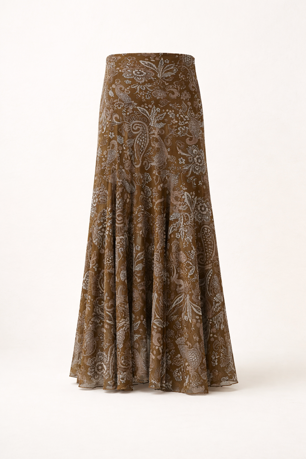 Elegante dames midirok met hoge taille en unieke print, koffiekleurige boho stijl voor moderne vrouwen.