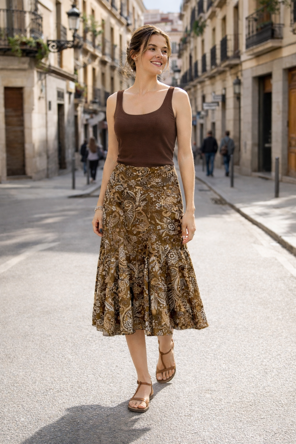 Zomerse dames midirok met bedrukte boho stijl en comfortabele hoge taille, trendy vrouwenmode.