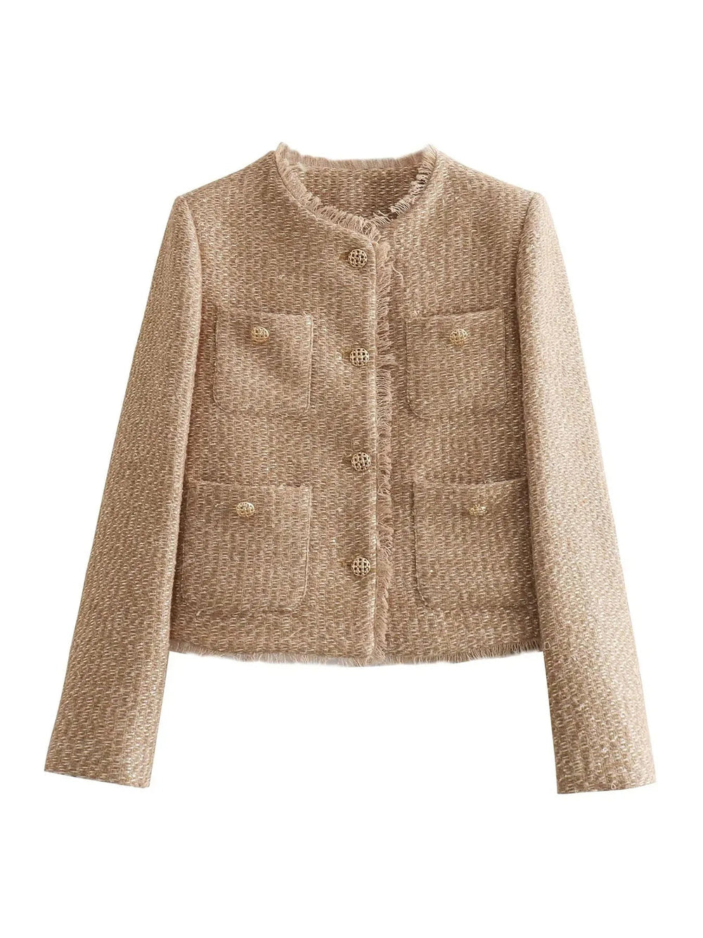 Elegant beige damesjasje met gouden knopen; veelzijdig voor casual chic en kantoorlooks.