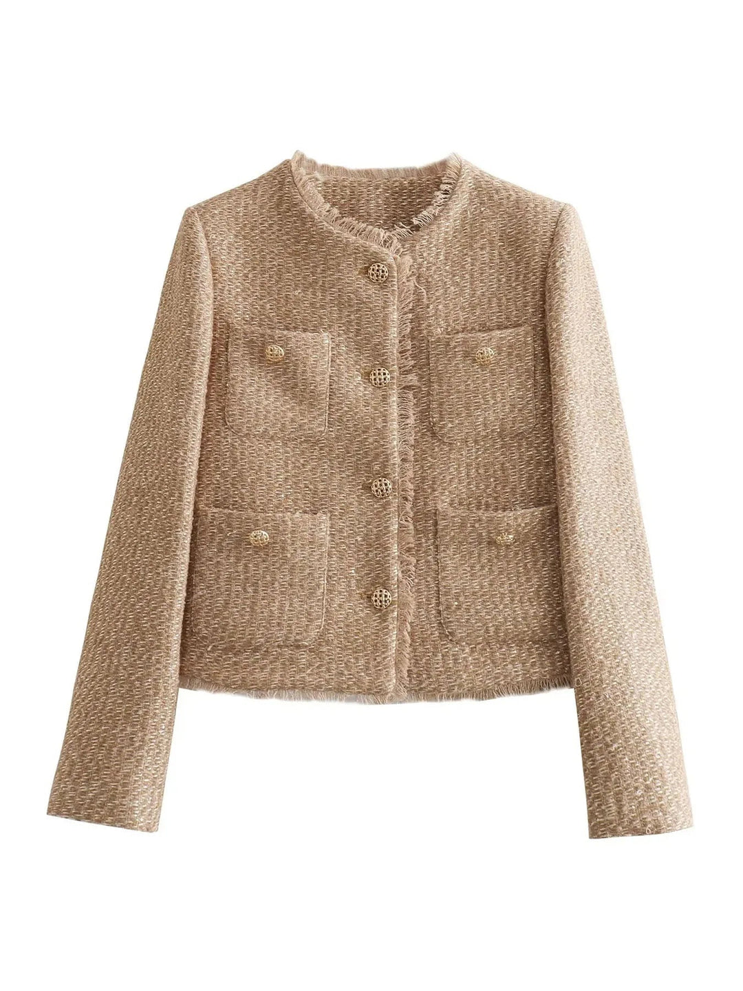 Elegant beige damesjasje met gouden knopen; veelzijdig voor casual chic en kantoorlooks.