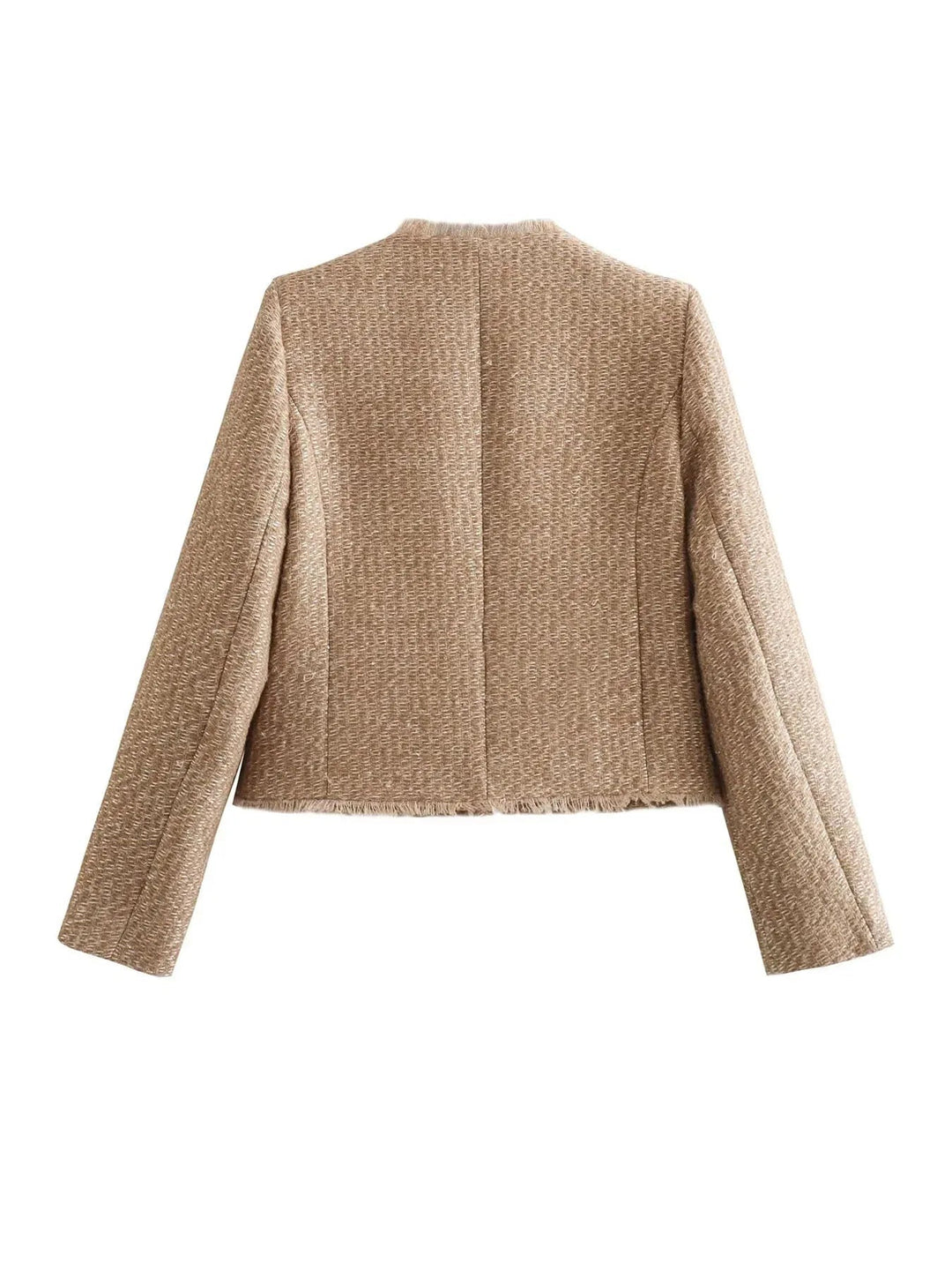 Modieus beige lentejasje voor dames met unieke gouden knopen, ideaal voor de overgangsperiode.