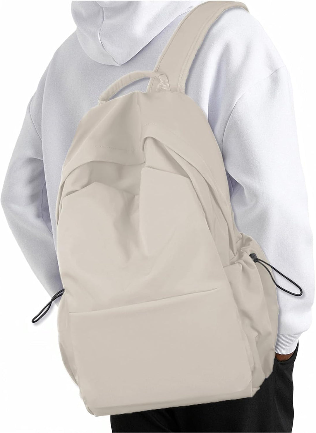 Beige lichtgewicht laptop rugzak, waterbestendig met georganiseerde vakken voor dagelijks gebruik.