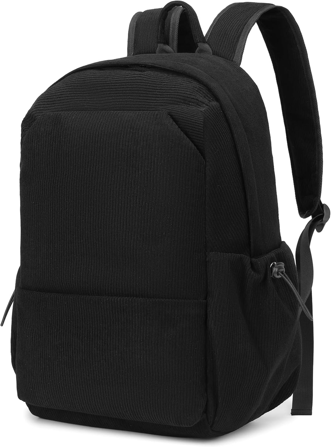 Elegante zwarte dagrugzak, waterbestendig & lichtgewicht, met ruimte voor laptop en persoonlijke items.