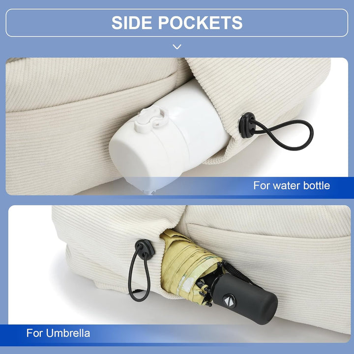 Compacte beige dagrugzak, waterbestendig & lichtgewicht, met voldoende opbergruimte voor essentials.