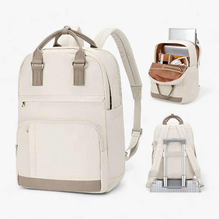 Stijlvolle beige unisex urban rugzak Mira, waterdicht en veelzijdig voor werk, school of stedelijke avonturen.