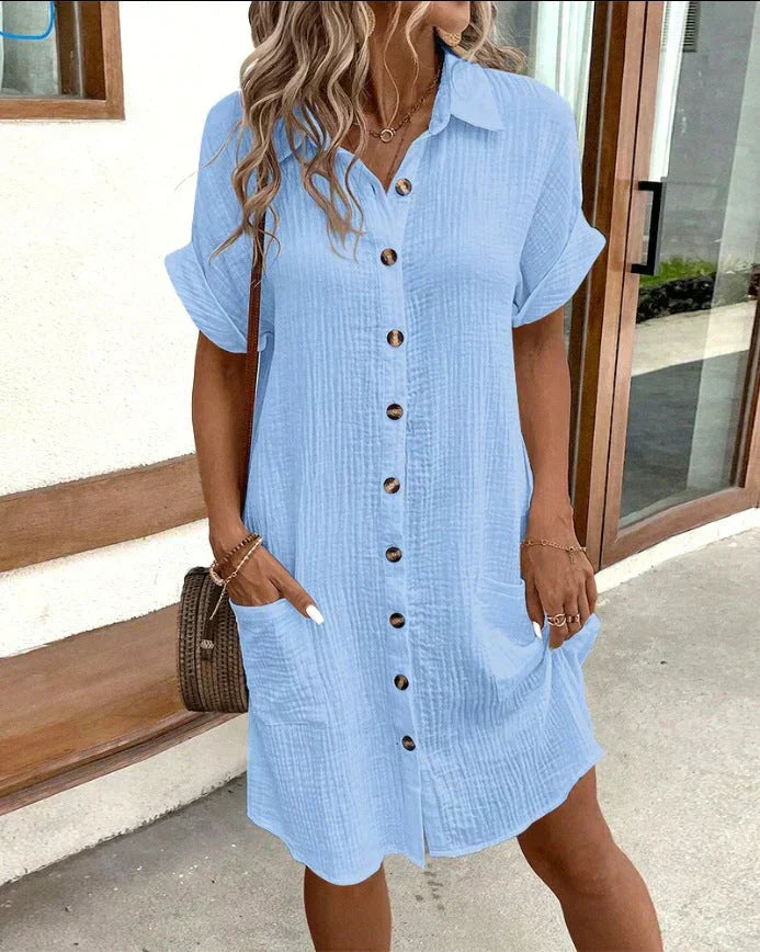 Beschrijf casual katoenen overhemdjurk voor dames, luchtig en stijlvol met knoopsluiting. Perfect voor zomercomfort.
