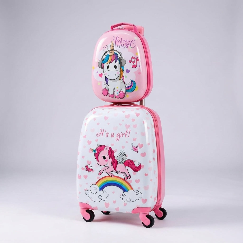 Veelzijdige TinyTrek kinderkoffer en rugzak set, ideaal als bagage voor reizen of als schooltas.