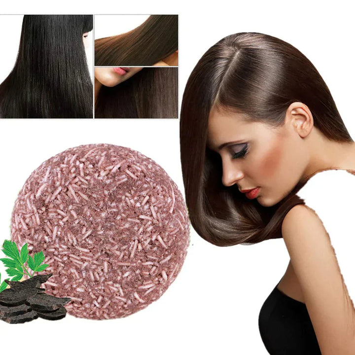 "Biologische haarverduistering shampoo; compacte bar, donkerder en voller haar, groene verpakking, natuurlijke haarverzorging