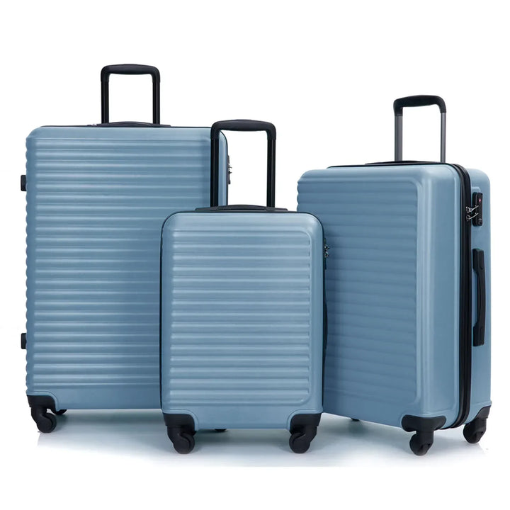 Blauwe 3-delige ABS hardschaal kofferset met spinnerwielen en TSA slot, ideaal voor comfortabel reizen.