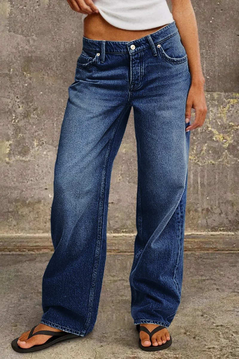Casual comfortabele dames jeans met lage taille en wijde pijp in blauw.