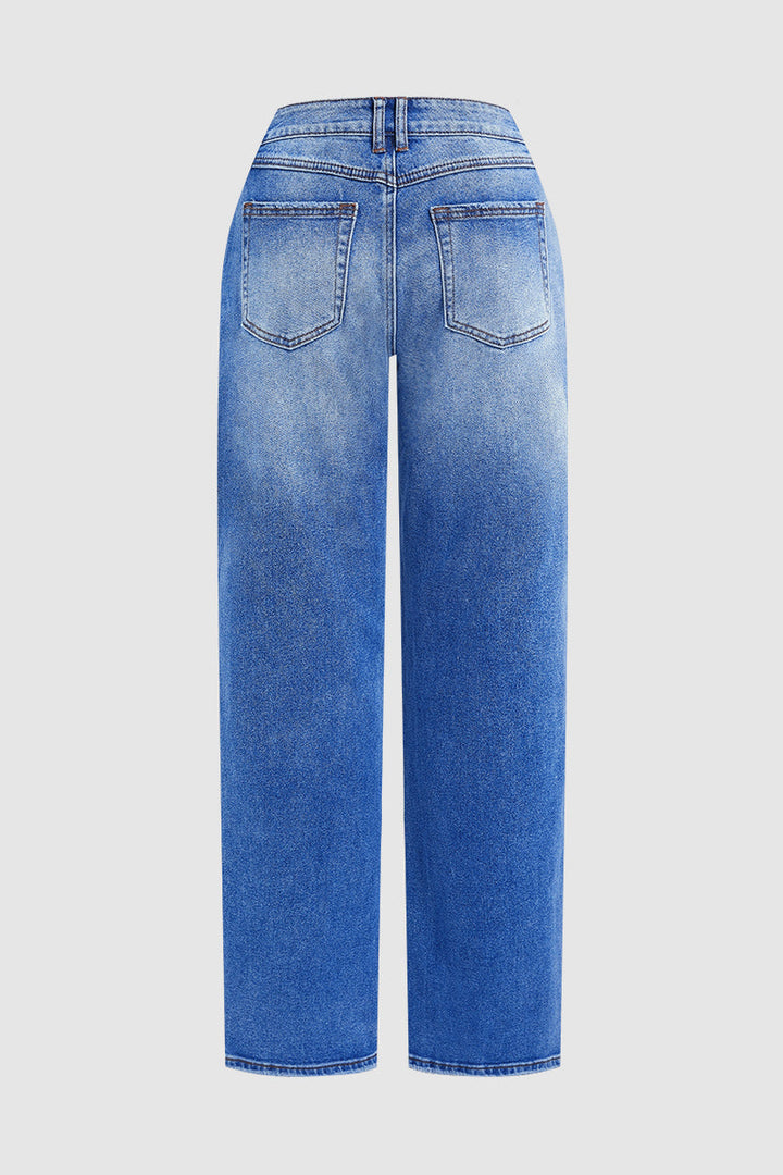 Donkerblauwe wijde pijp jeans voor dames, lage taille voor een modieuze uitstraling.