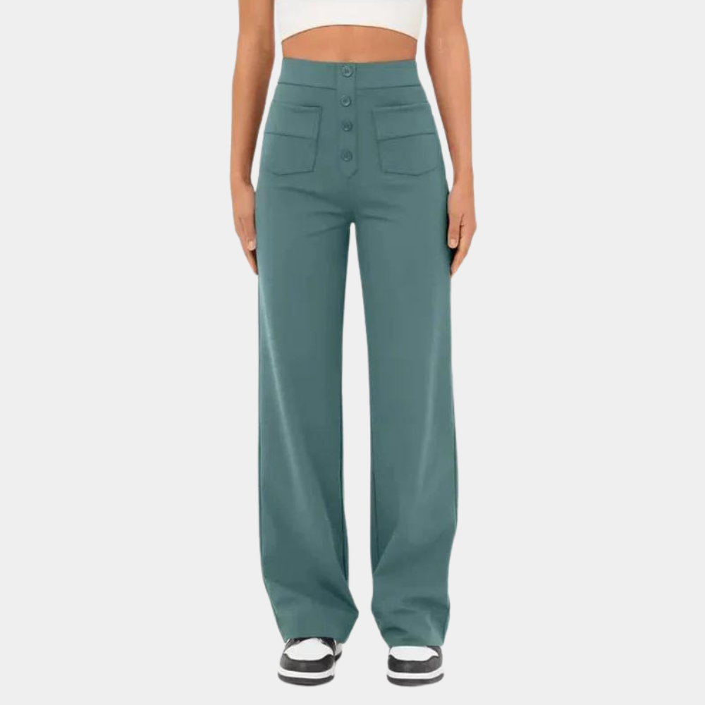 Blauwe damesbroek met hoge taille, elegante en trendy snit, ideaal voor comfort en stijl in zomeroutfits.