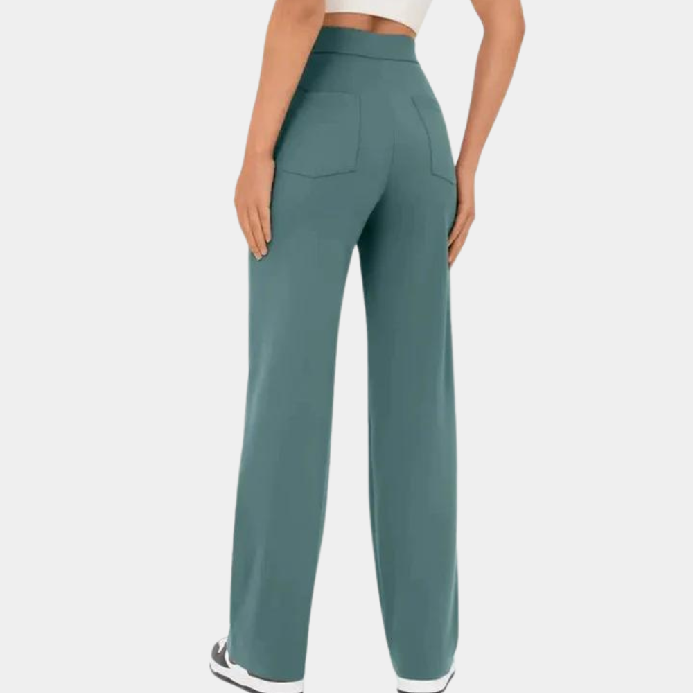 Blauwe damesbroek met hoge taille, elegante en trendy snit, ideaal voor comfort en stijl in zomeroutfits.
