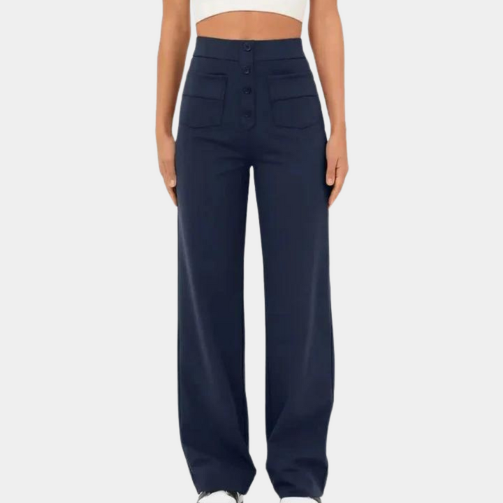 Blauwe damesbroek met hoge taille, elegante en trendy snit, ideaal voor comfort en stijl in zomeroutfits.