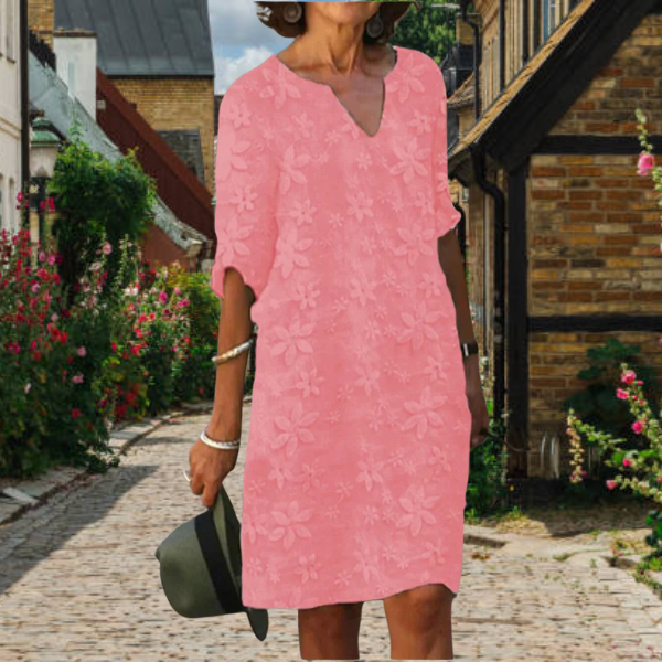 Bloemen zomerjurk met elegante V-hals voor dames, flatterend silhouet en verfijnd bloemenontwerp, perfect voor elke gelegenhe
