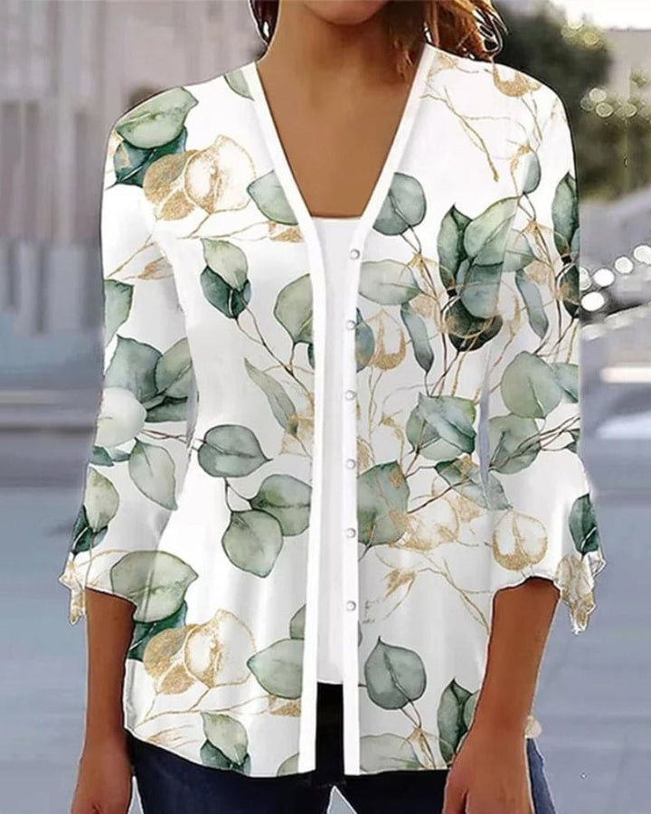 Blouse met bladerenprint, elegante V-hals, stijlvolle uitstraling; perfect voor elke gelegenheid, comfort en natuurlijke char