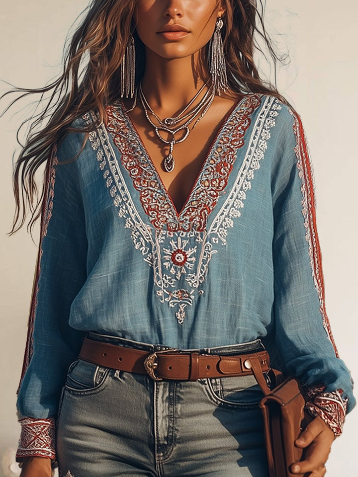 "Bohemian blouse met geborduurde details, V-hals, katoen-linnen stof, elegante zomerlook voor dames"